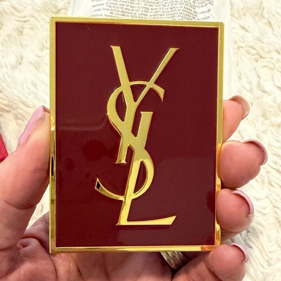 Yves Saint Laurent Dark Red Enamel & Gold Color Accents Mirror w/YSL Case New - Picture 6 of 7